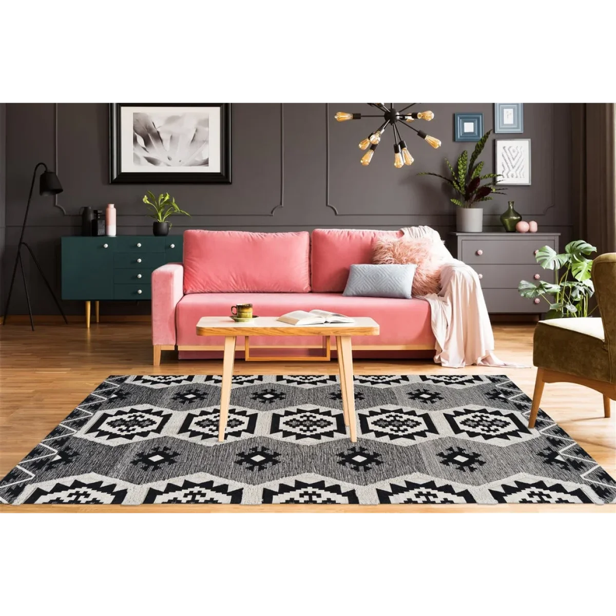 Tapis ethnique tissé motifs Aztec noir et blanc en coton 200x290 cm