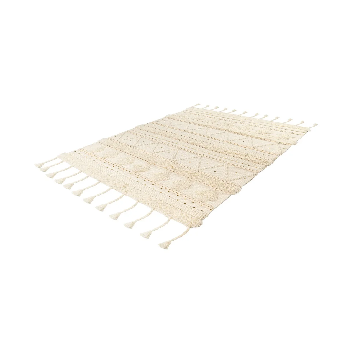 Tapis en laine écru à franges avec motifs géométriques pour décoration intérieure