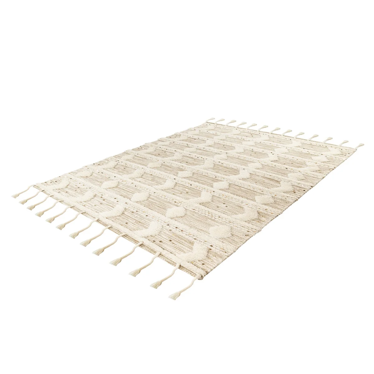 Tapis en laine écru à motifs géométriques et franges avec tapis tufté en coton écru