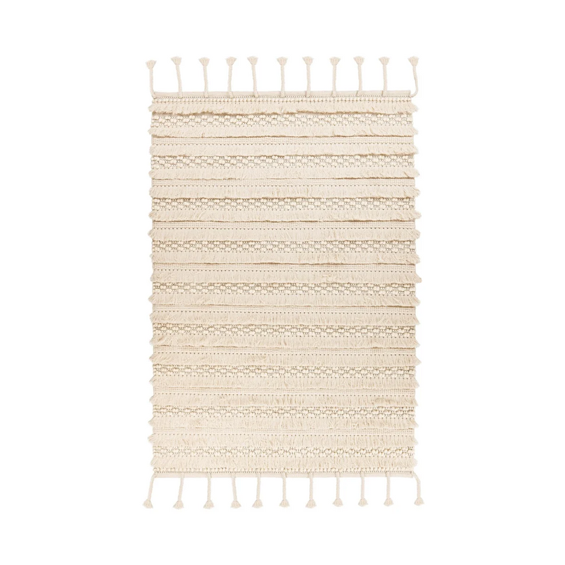 Tapis en laine écru à rayures texturées et franges