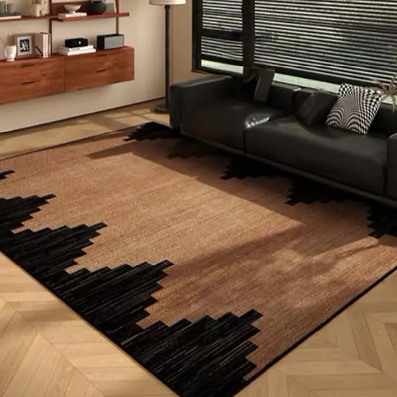 Tapis moderne marron dans un salon avec mobilier contemporain.