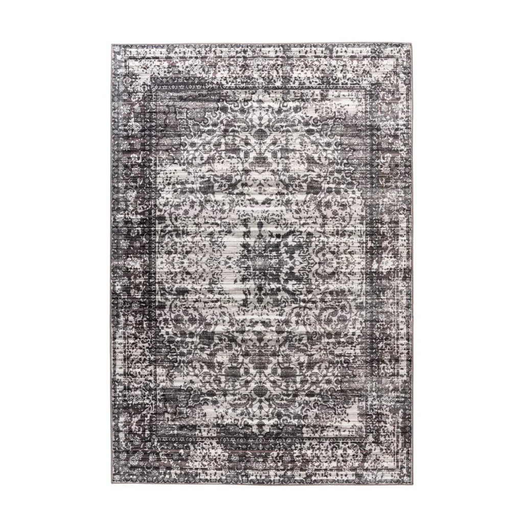 Tapis oriental vieilli gris et blanc à motifs persans, 80x150 cm, aspect distressé