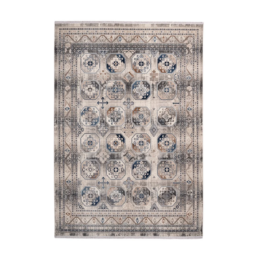Tapis oriental à poil ras avec motifs géométriques et médaillons bleus et beiges
