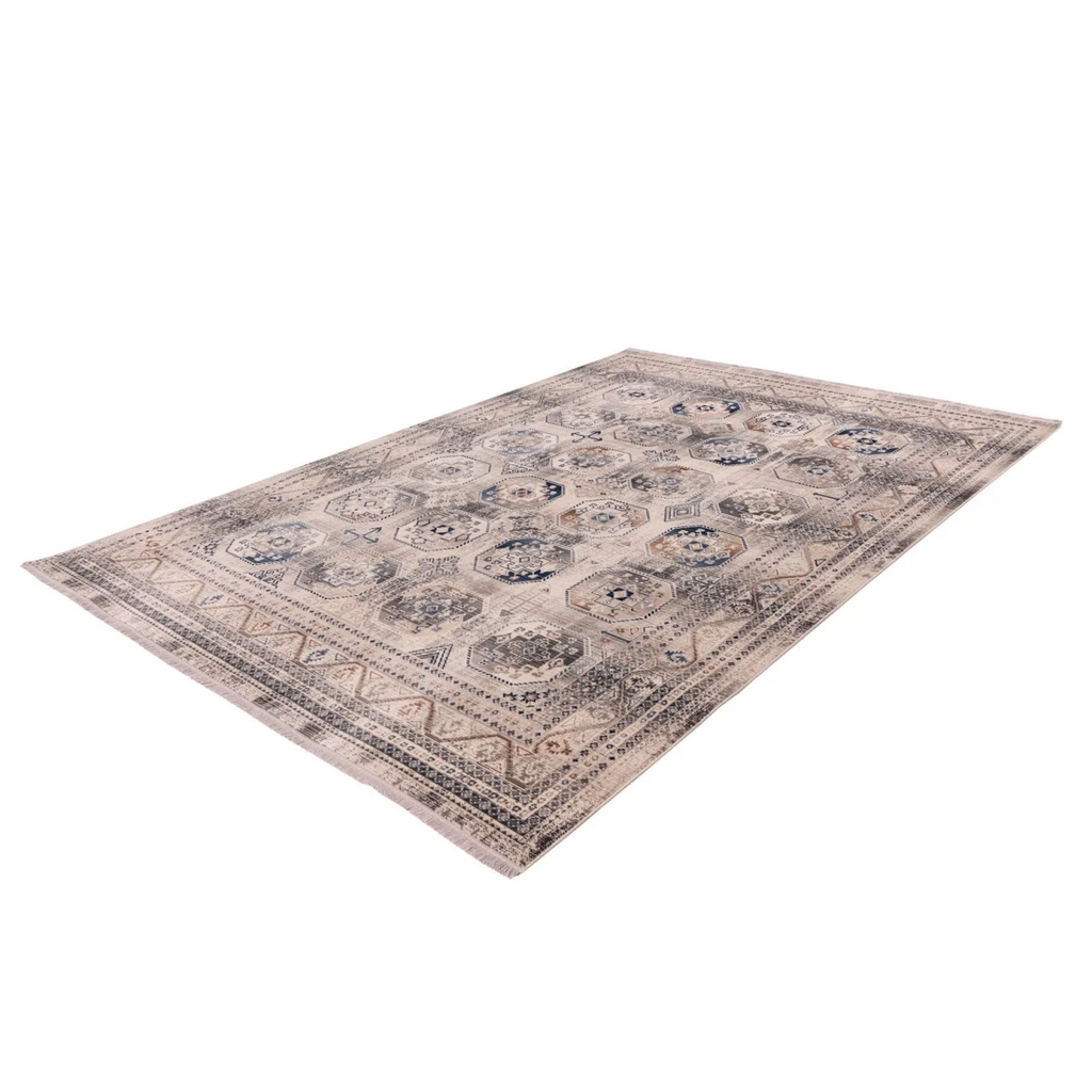 Tapis oriental à poil ras médaillons bleus et beiges avec motif traditionnel faded