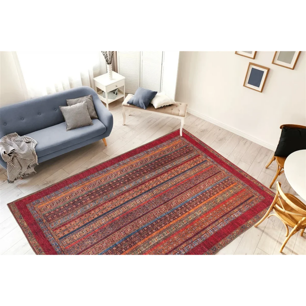 Tapis rectangulaire à rayures multicolores avec bordure rouge foncé pour Faye 400 Rot