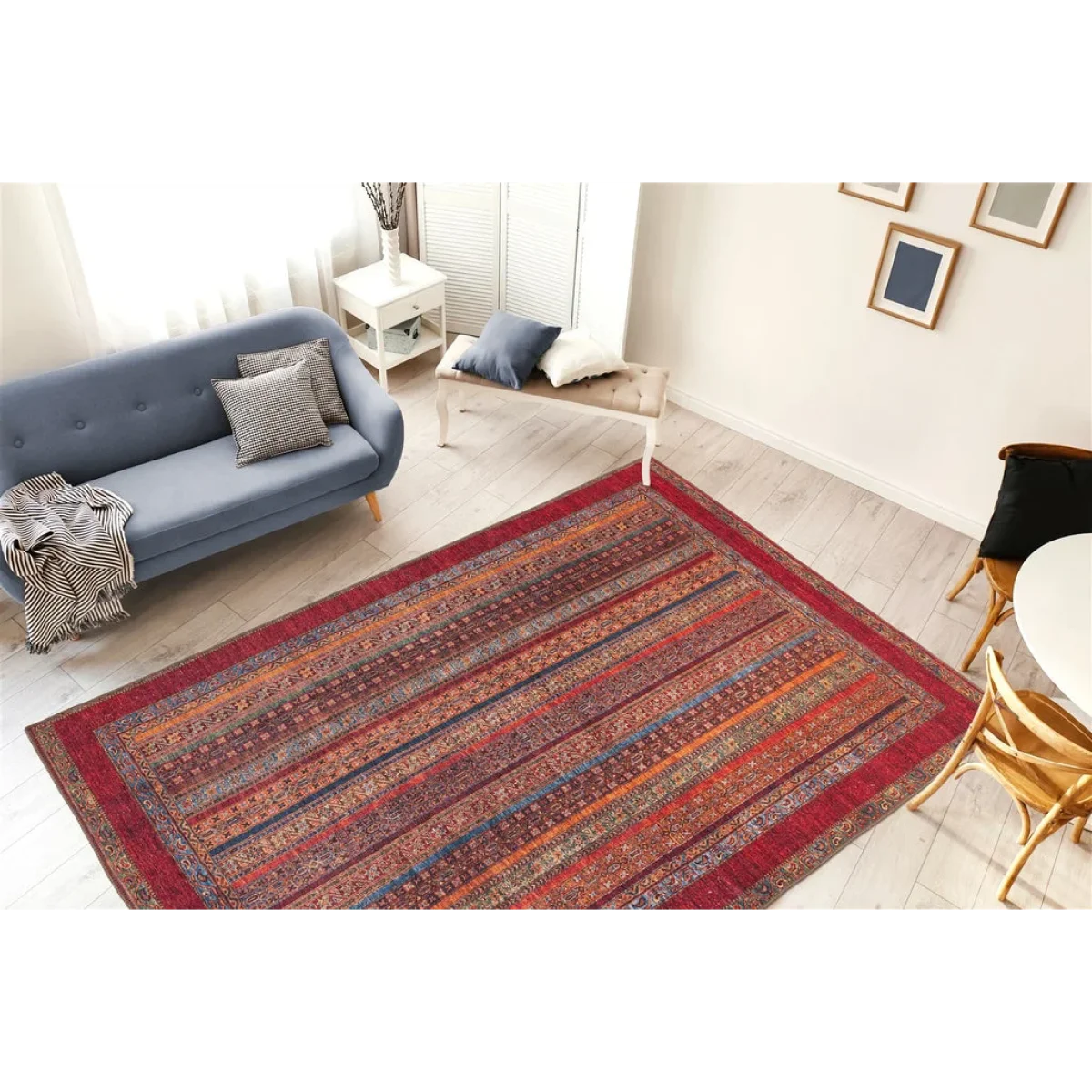 Tapis rectangulaire à rayures multicolores avec bordure rouge foncé pour Faye 400 Rot
