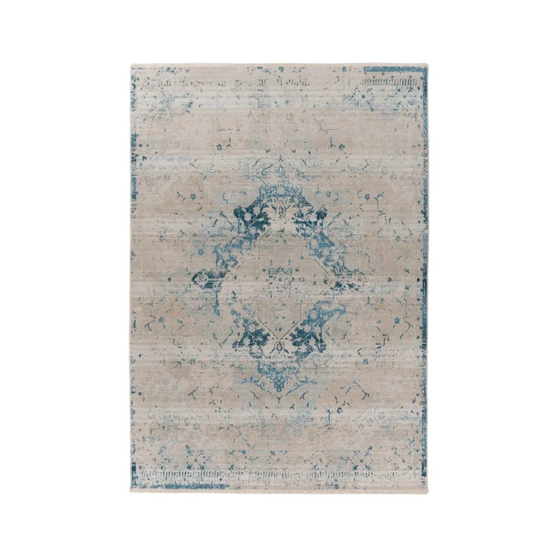 Tapis oriental beige et bleu à motif central rectangulaire