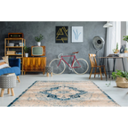 Tapis oriental rectangulaire en velours ras avec médaillon central crème et bleu