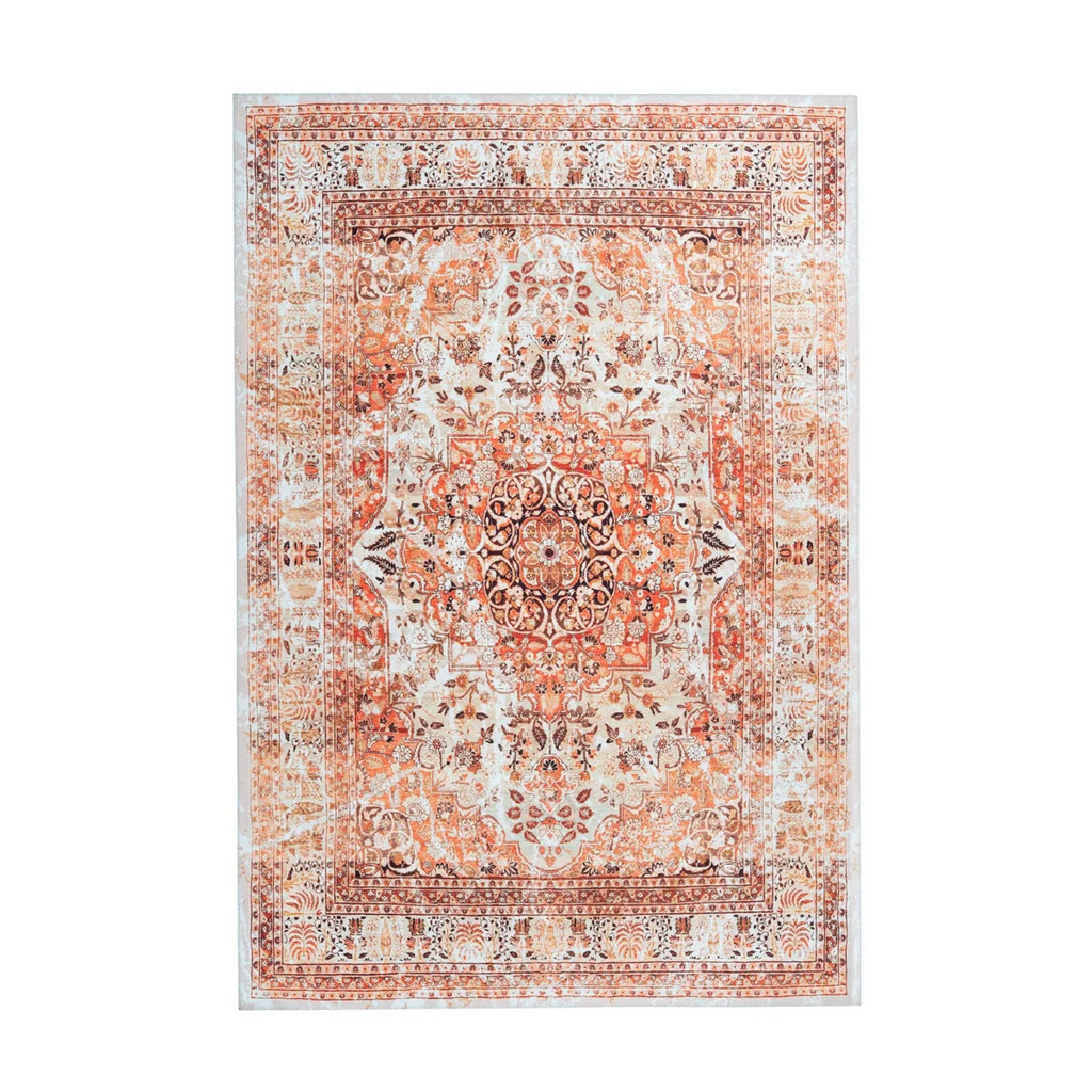 Tapis oriental rectangulaire avec médaillon en tons terracotta et beige, look distressed