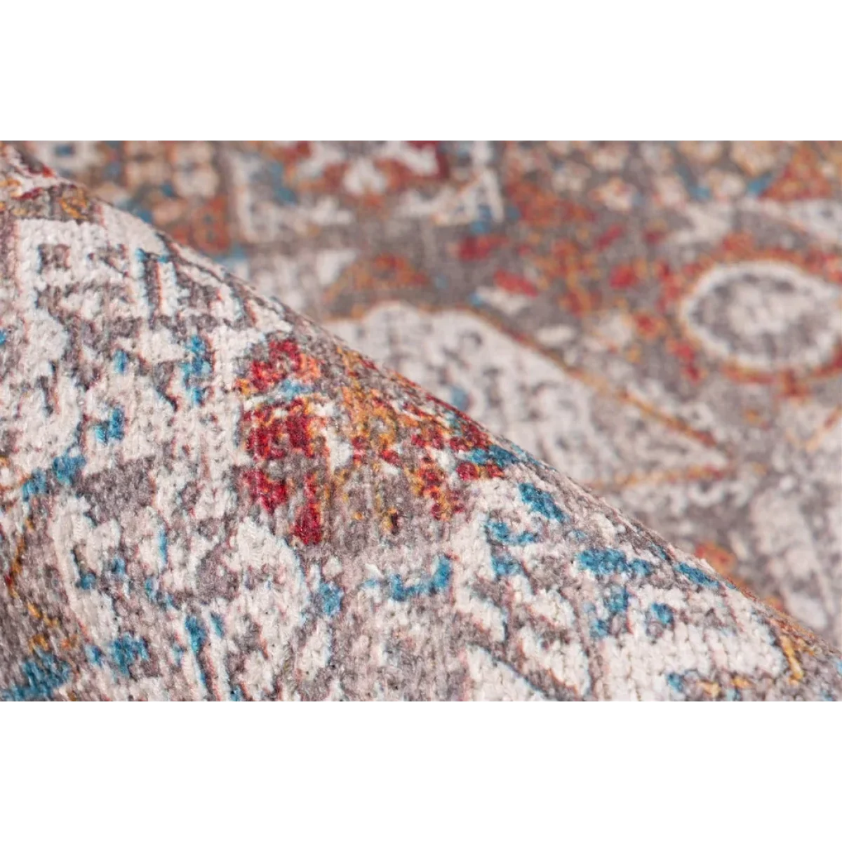 Tapis roulé Faye 100 Multi 150x230cm avec motifs abstraits et floraux en gris, blanc, rouge et bleu