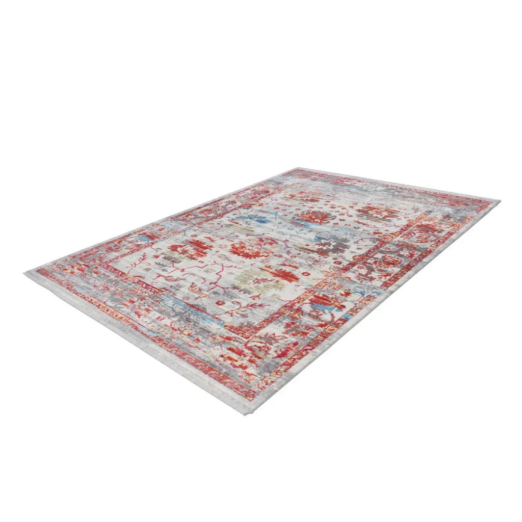 Tapis oriental rectangulaire à poils courts avec motif floral rouge, bleu et gris