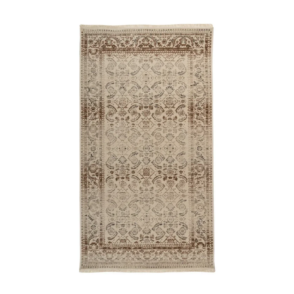 Tapis oriental rectangulaire beige et brun avec motif ancien et bord décoratif