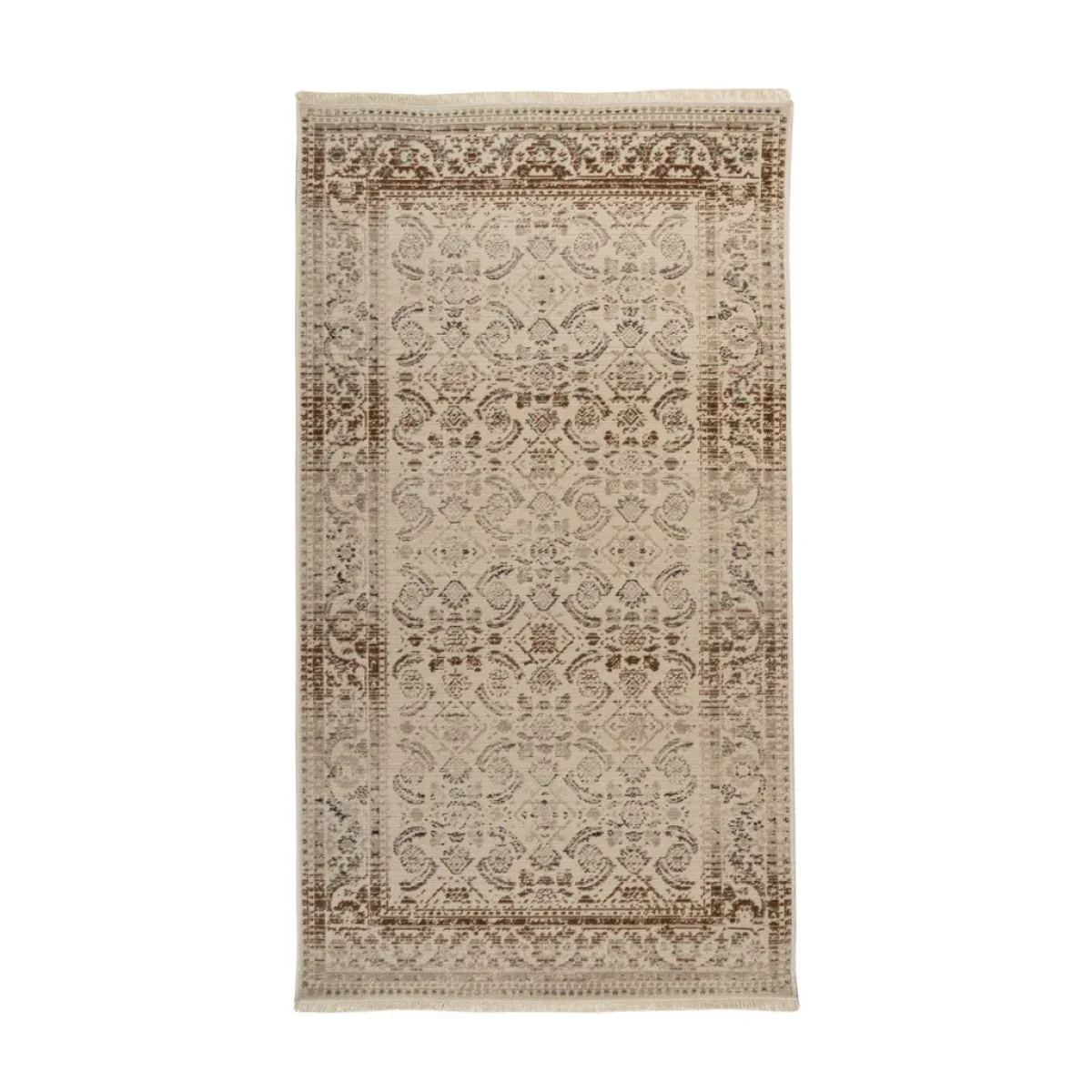 Tapis oriental rectangulaire beige et brun avec motif ancien et bord décoratif