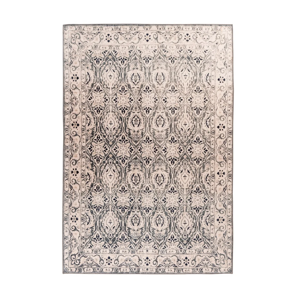 Tapis oriental rectangulaire beige avec motifs bleu gris damassé distressed velouté