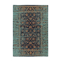 Tapis oriental rectangulaire bleu et ocre avec motif floral et médaillon vieilli