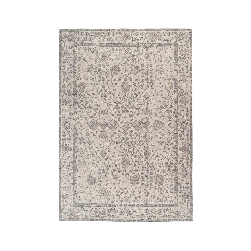 Tapis oriental rectangulaire en coton beige avec motif floral et géométrique patiné