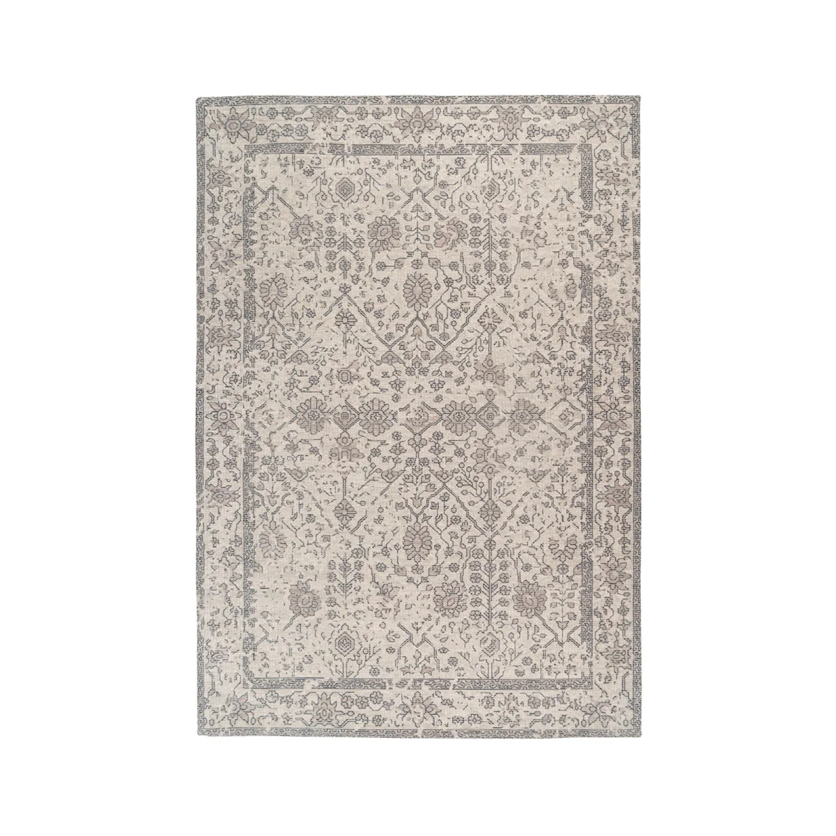 Tapis oriental rectangulaire en coton beige avec motif floral et géométrique patiné