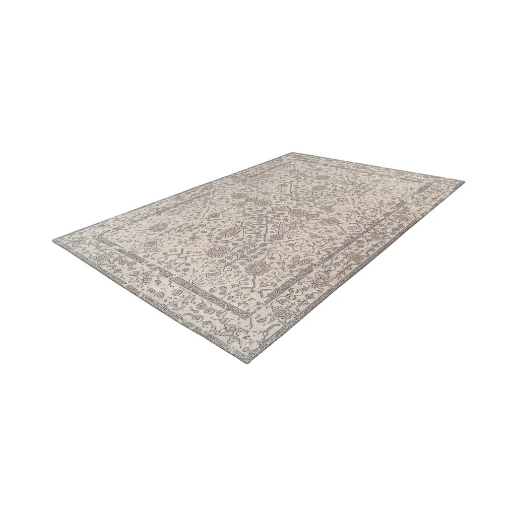 Tapis oriental rectangulaire en coton beige avec motif floral patiné et détaillé