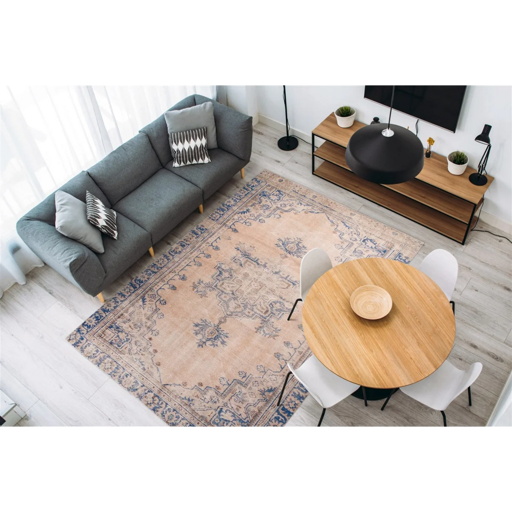 Vue aérienne d’un salon moderne avec tapis oriental rose poudré à motifs bleus