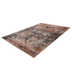 Tapis persan à poil court motif vieilli rouille et beige avec bord orné et motif distressé