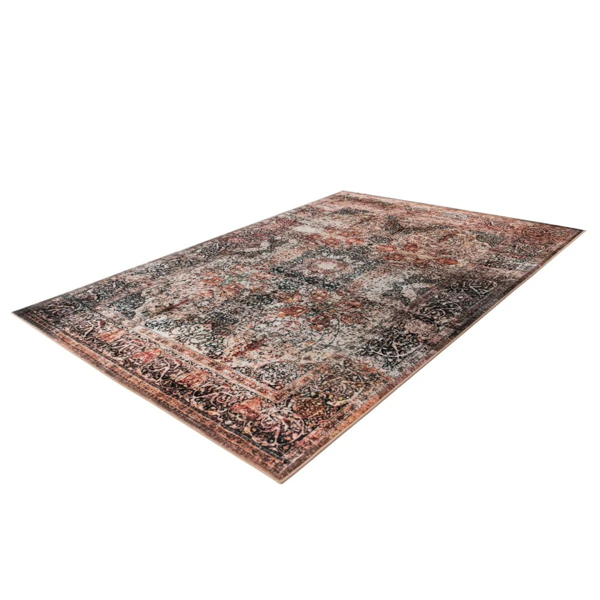 Tapis persan à poil court motif vieilli rouille et beige avec bord orné et motif distressé