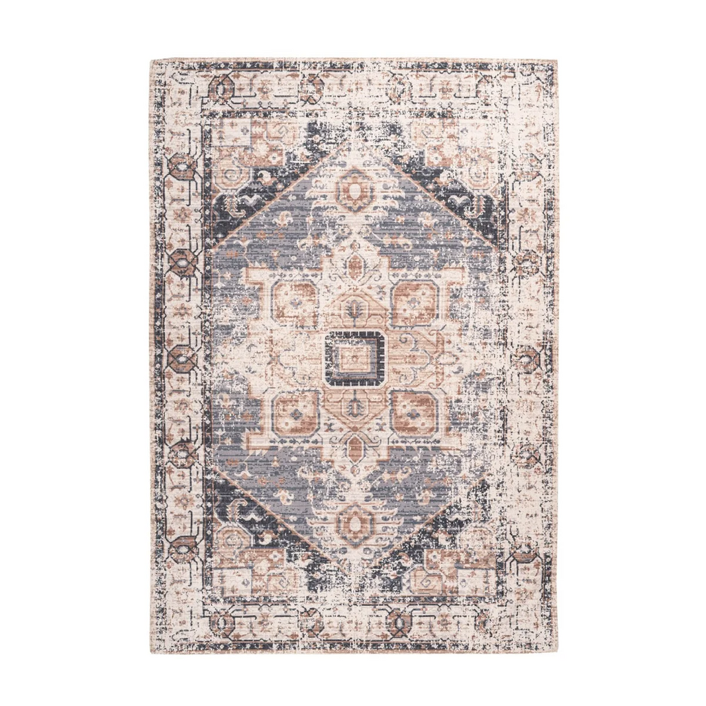 Tapis persan rectangulaire effet vieilli en coton gris taupe avec motif central medallion