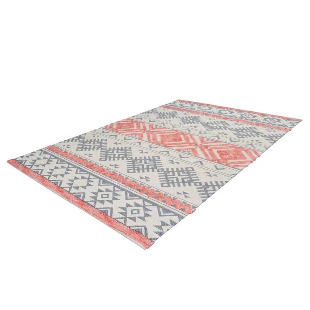Tapis rectangulaire en coton avec motifs ethniques gris, corail, 160x230 cm