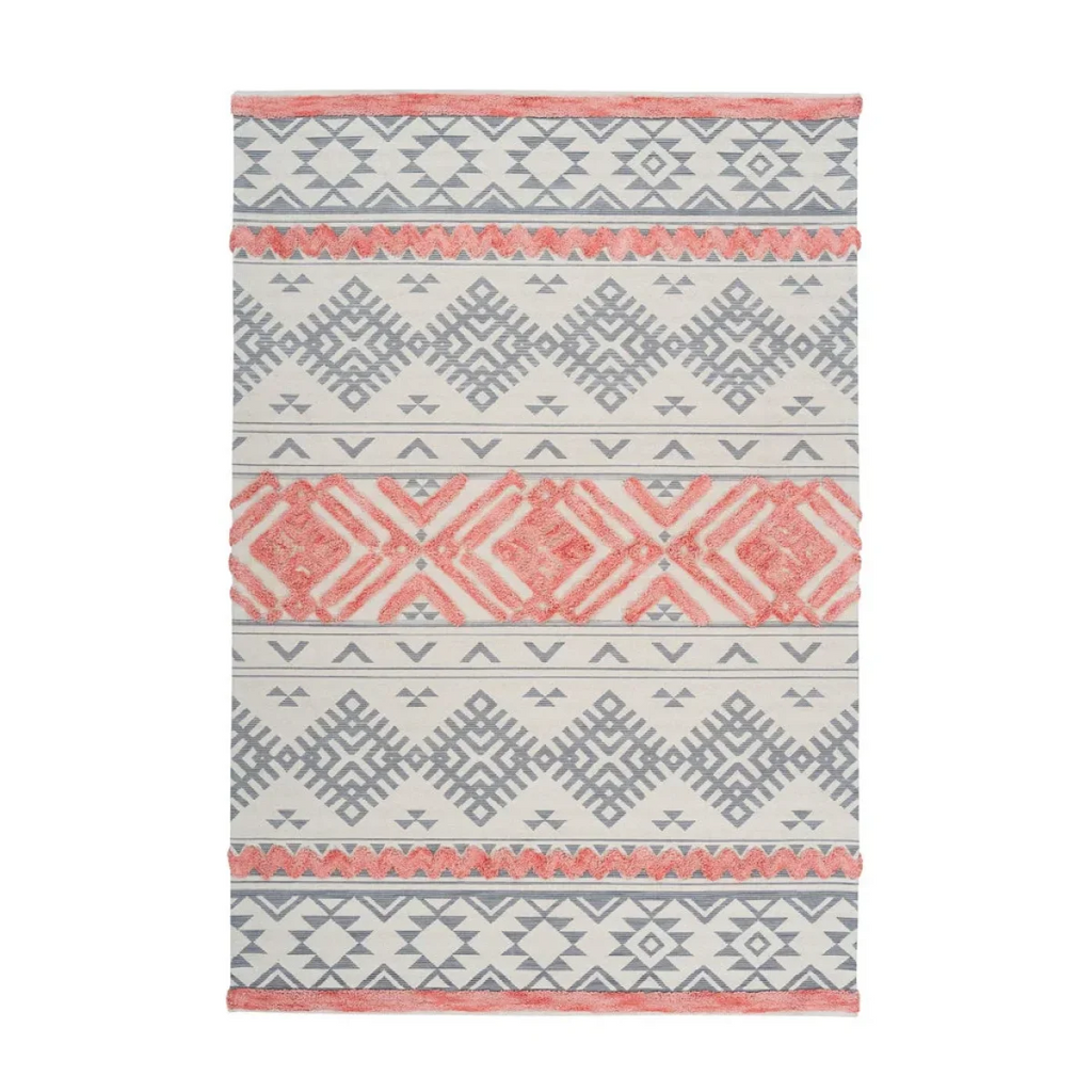 Tapis rectangulaire ethnique en coton gris, blanc et corail pink 160x230 cm