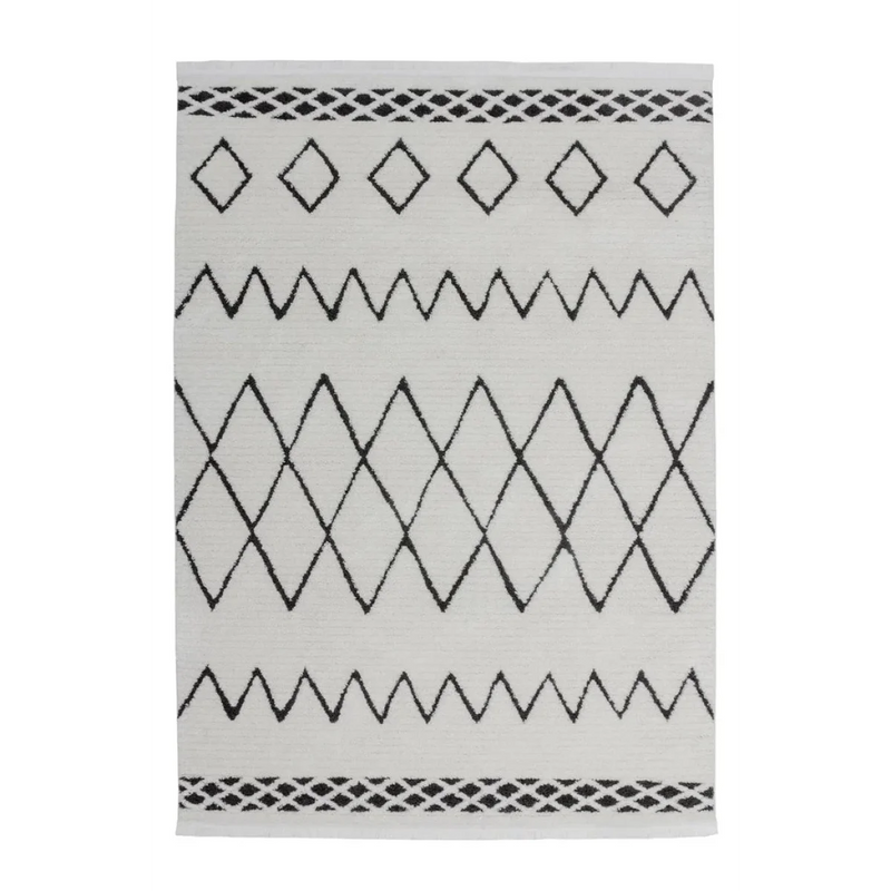 Tapis rectangulaire blanc motifs géométriques noirs