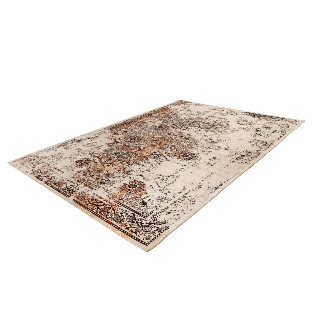 Tapis rectangulaire effet vieilli avec motifs orientaux écru, fond clair et couleurs rust et brun