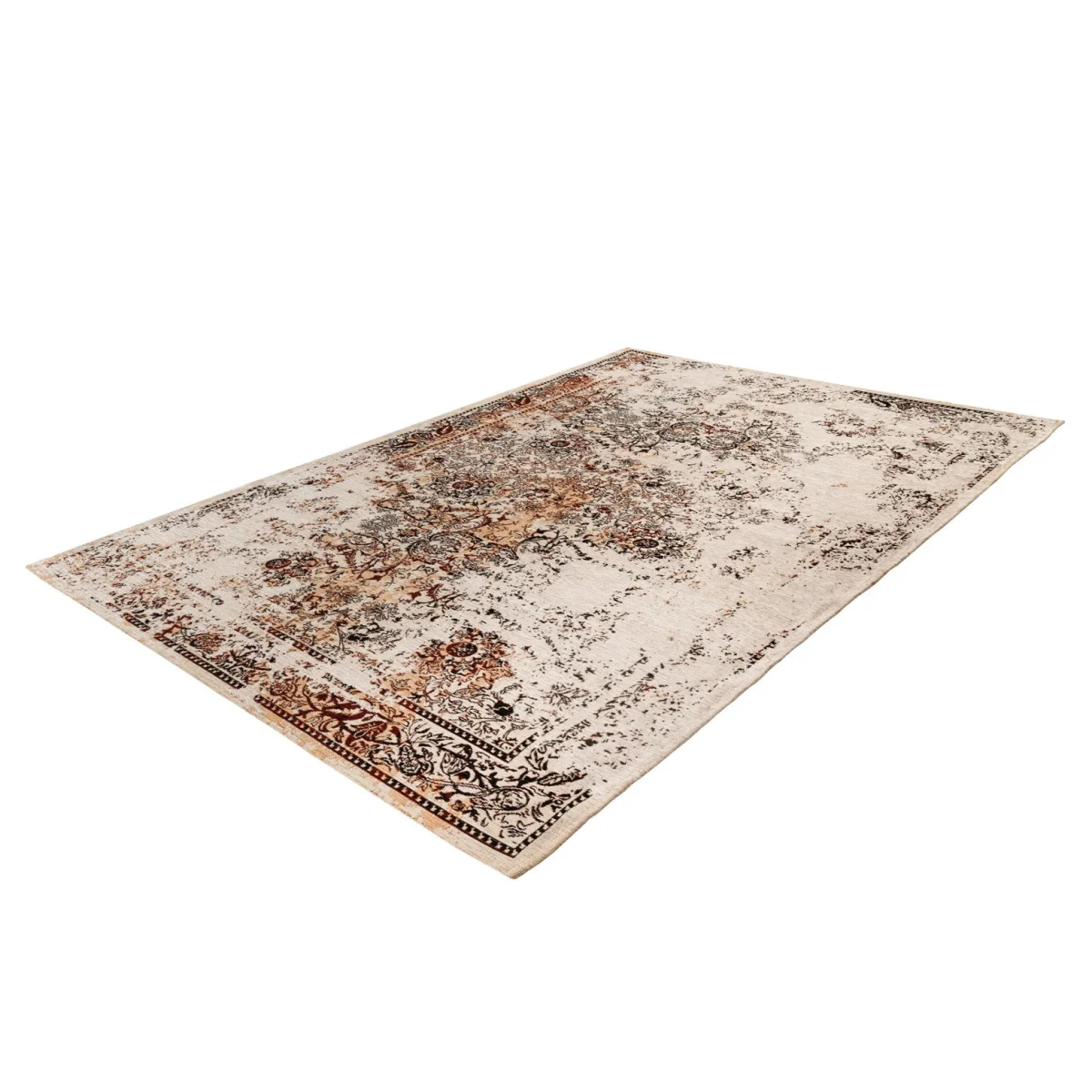 Tapis rectangulaire effet vieilli avec motifs orientaux écru, fond clair et couleurs rust et brun