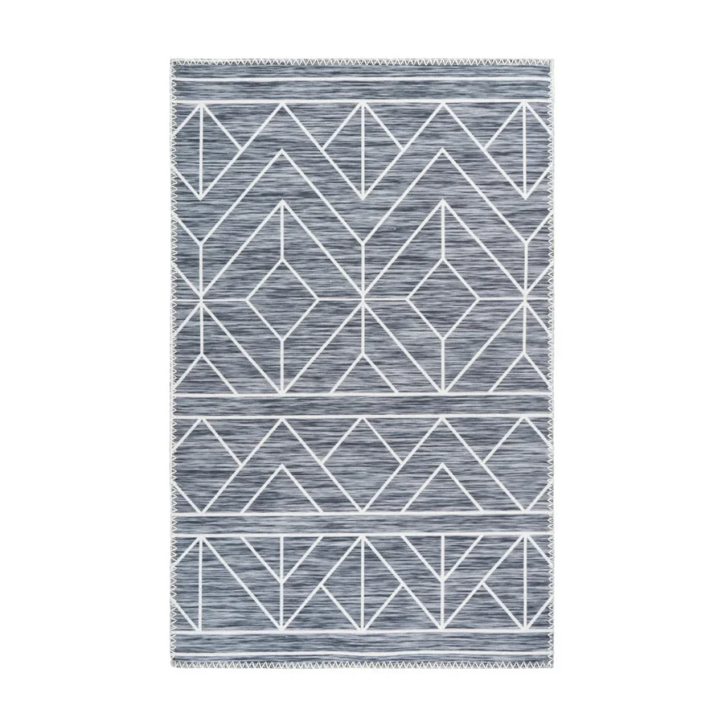 Tapis rectangulaire gris avec motif géométrique blanc et franges 120x180 cm