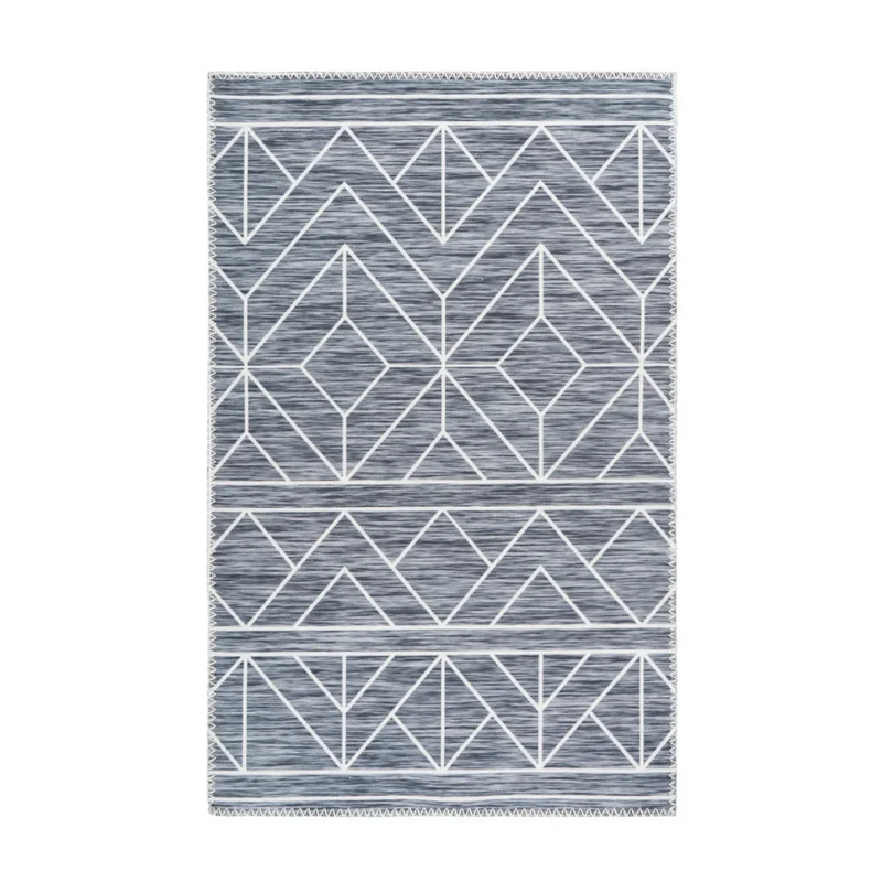 Tapis rectangulaire gris à motif géométrique et franges