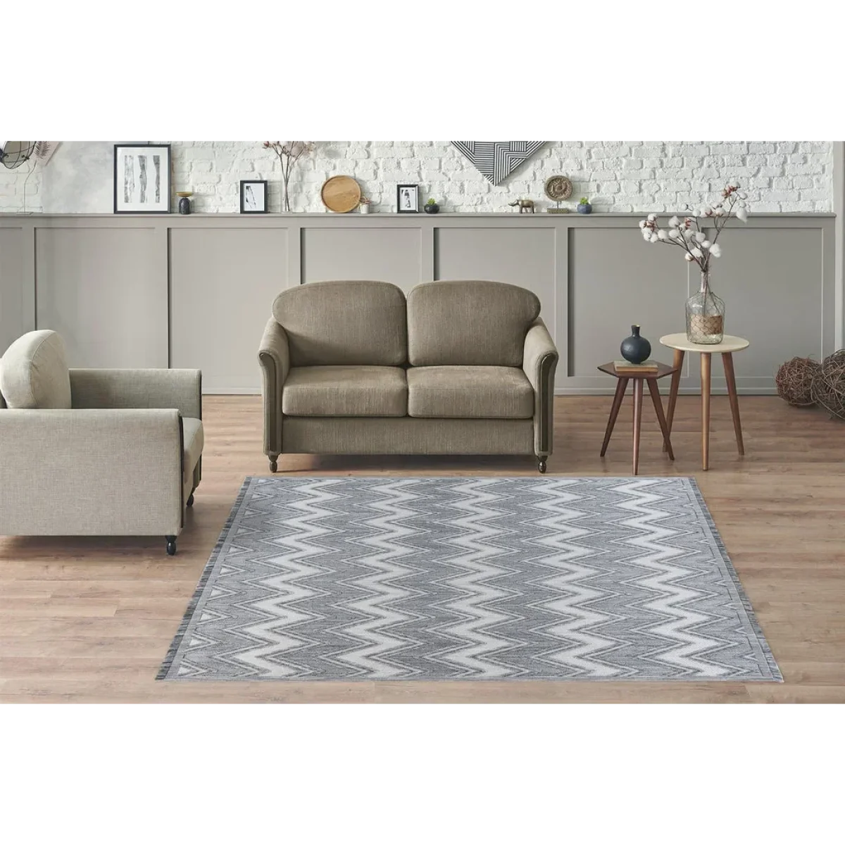 Tapis zone gris clair et blanc avec motif en zigzag pour Sarai 200 Grau / Weiß