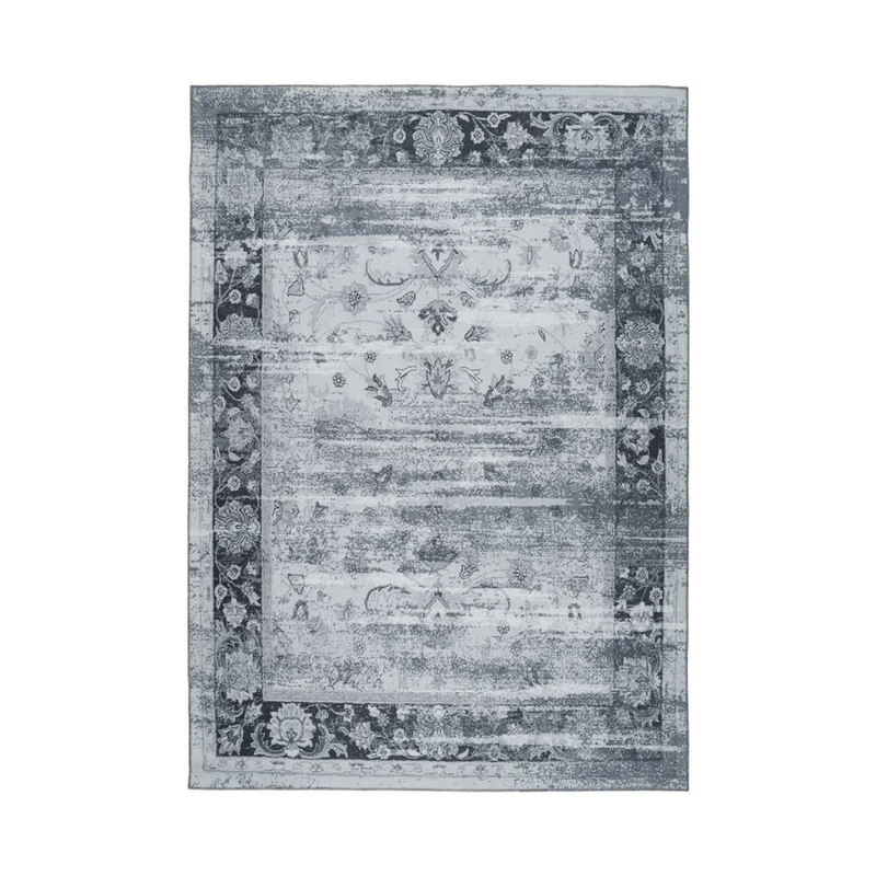 Tapis rectangulaire gris et bleu à motifs orientaux
