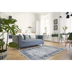Tapis rectangulaire vintage gris et bleu avec motif floral et aspect distressed