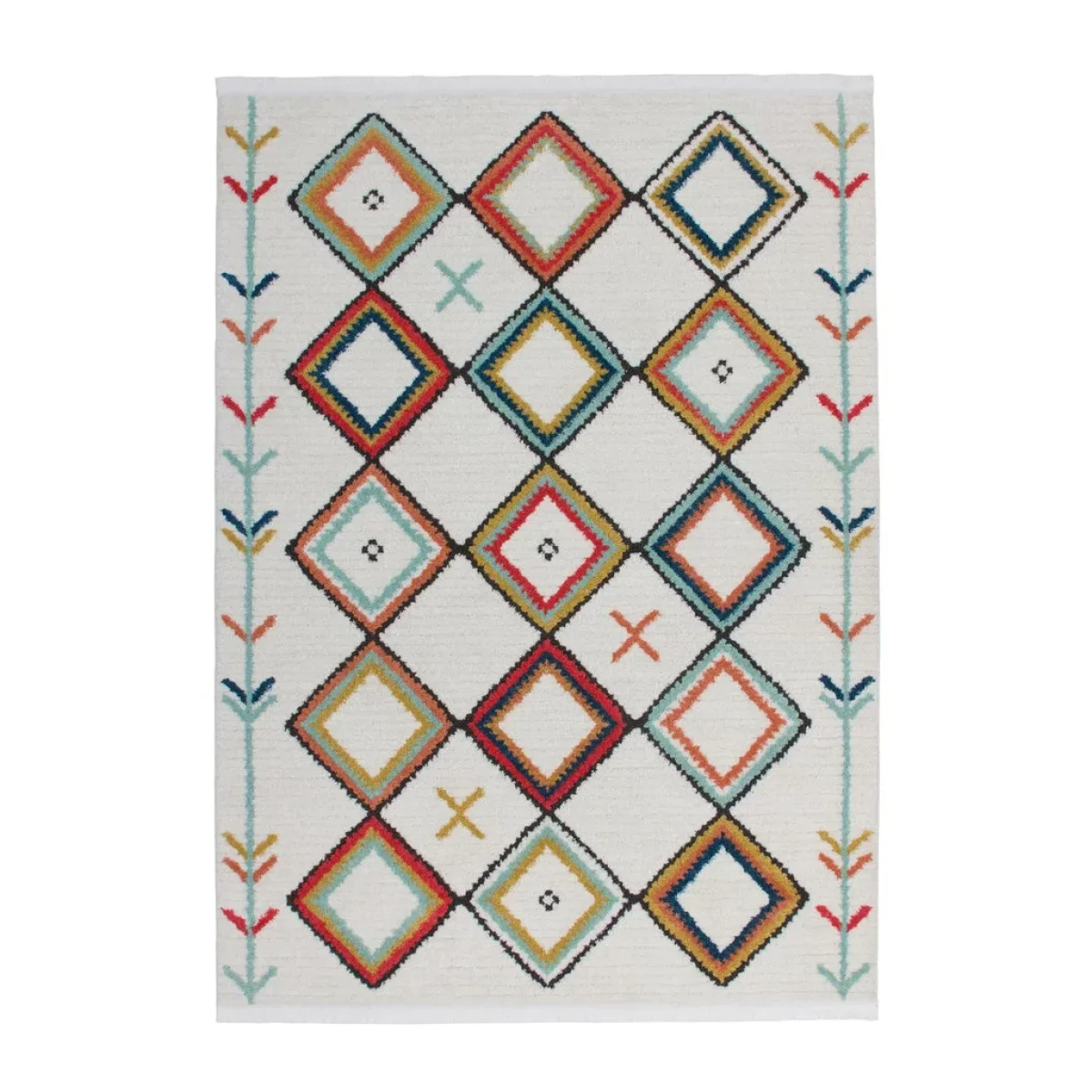 Tapis rectangulaire blanc avec motifs géométriques colorés en diamants et flèches