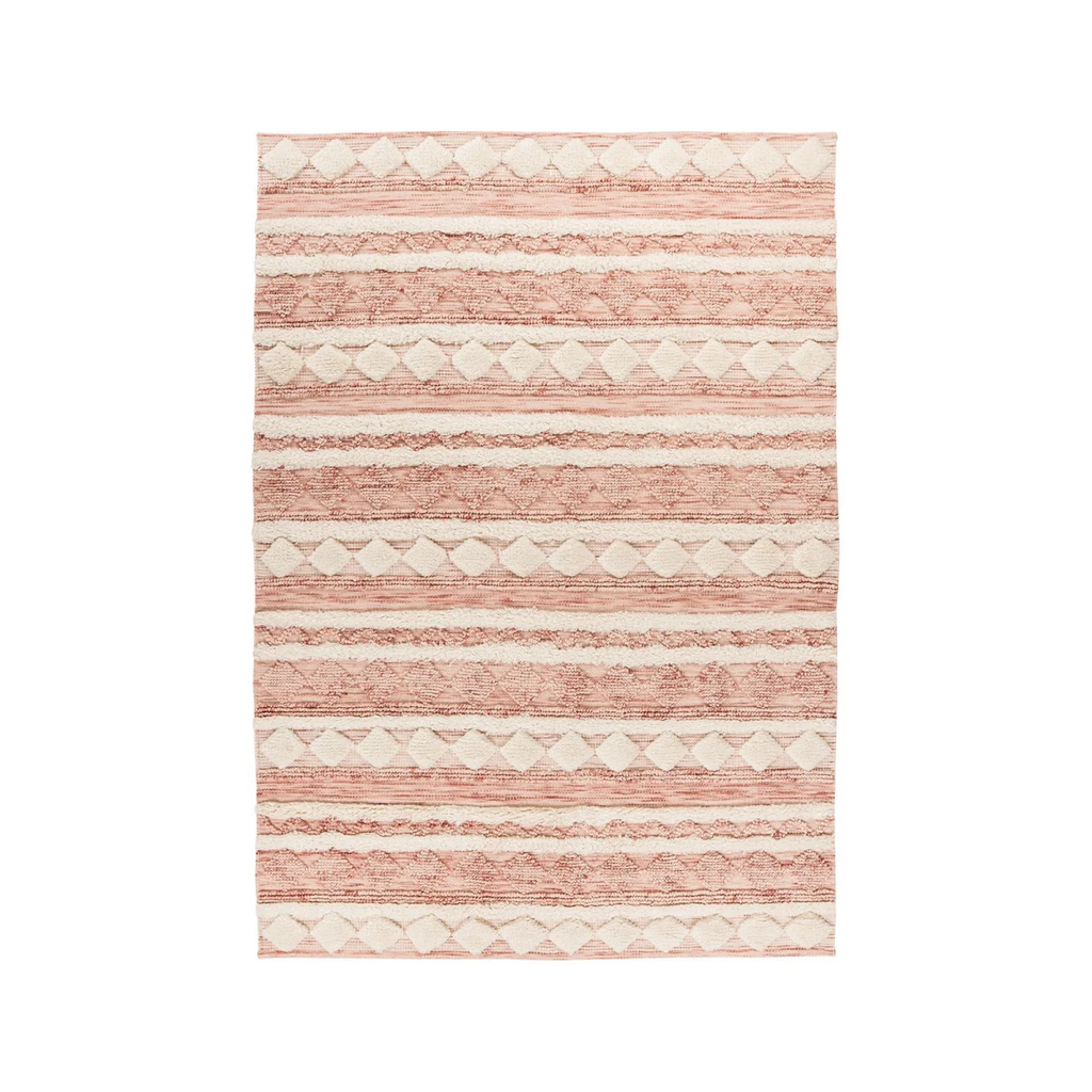 Tapis rectangulaire en laine rose, crème et gris avec bandes et motifs géométriques