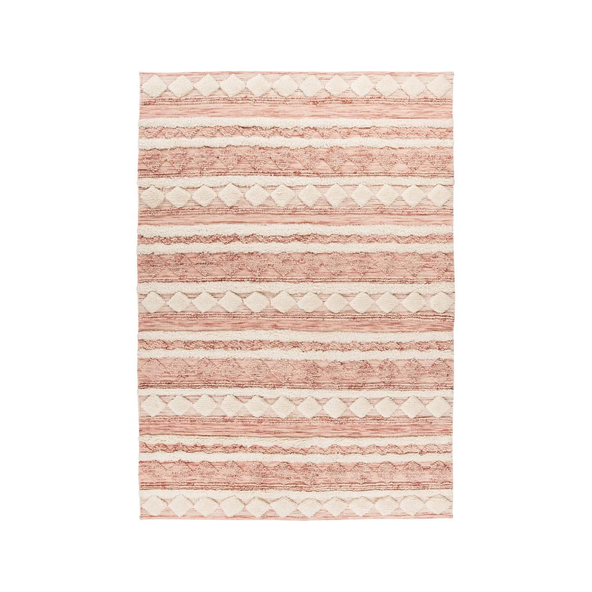 Tapis rectangulaire en laine rose, crème et gris avec bandes et motifs géométriques