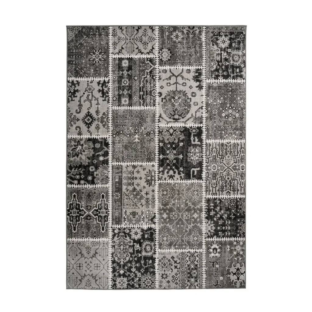 Tapis rectangulaire patchwork oriental gris et noir avec motifs traditionnels et usés