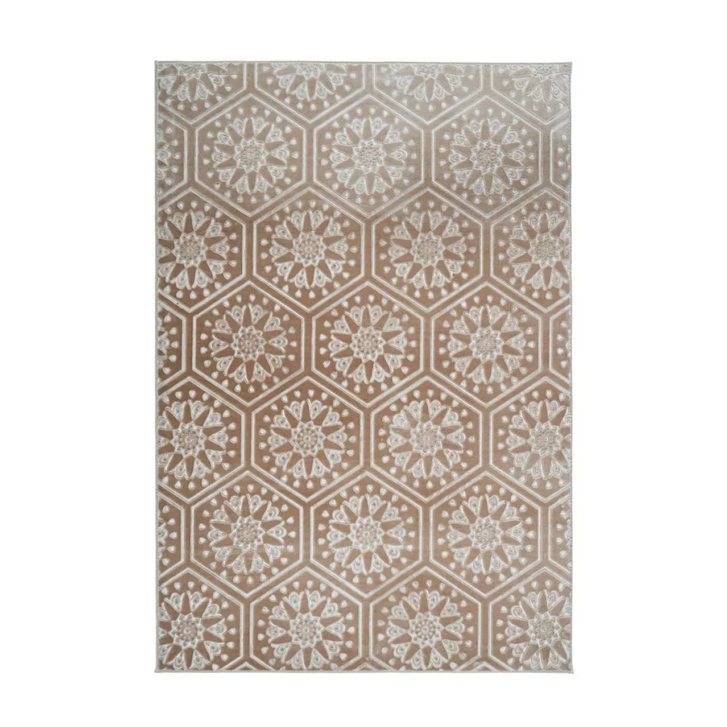 Tapis rectangulaire en velours taupe avec motifs mandala en relief et design hexagonal