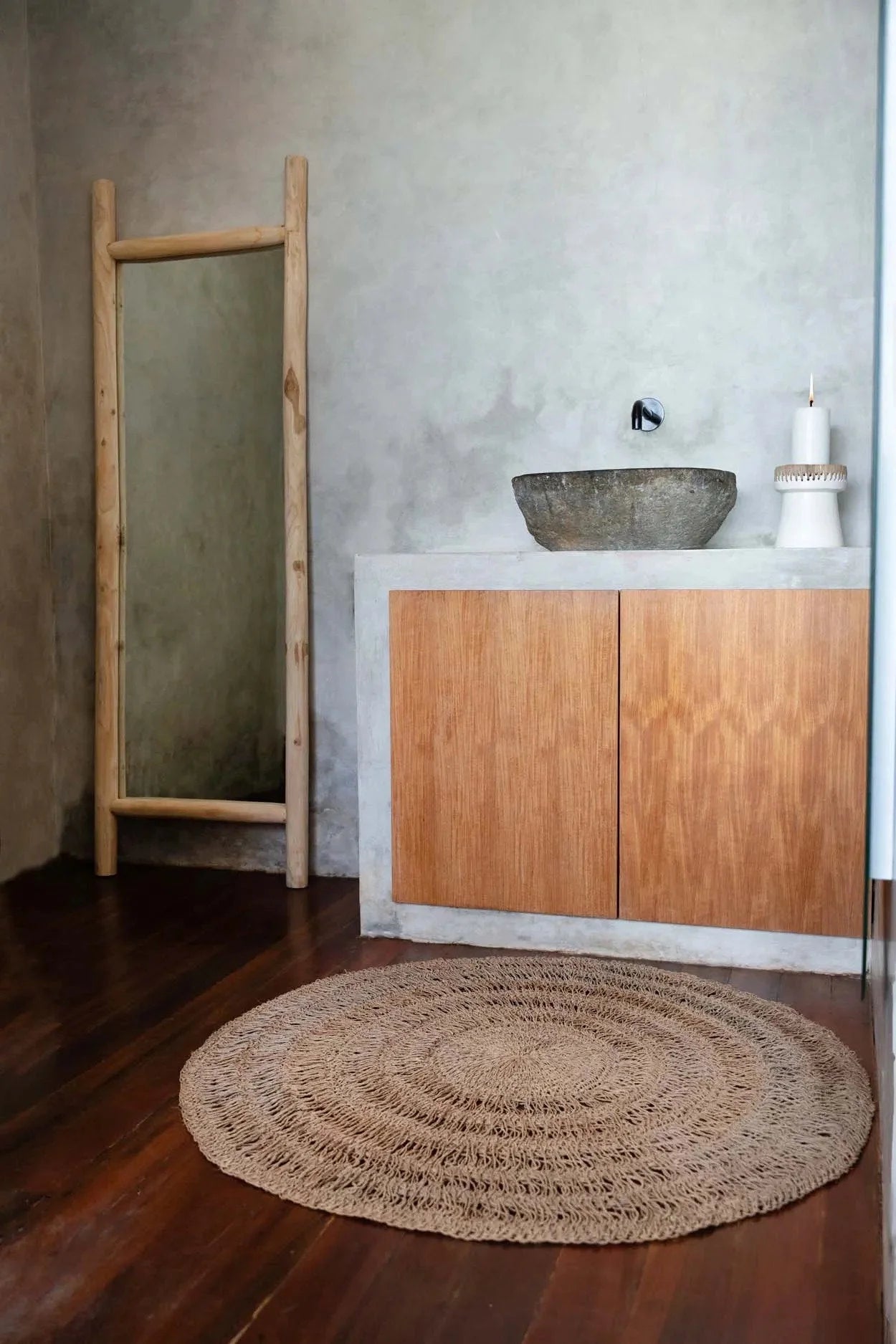 Tapis rond en jonc de mer naturel style bohème, 100 cm, tressé et écologique
