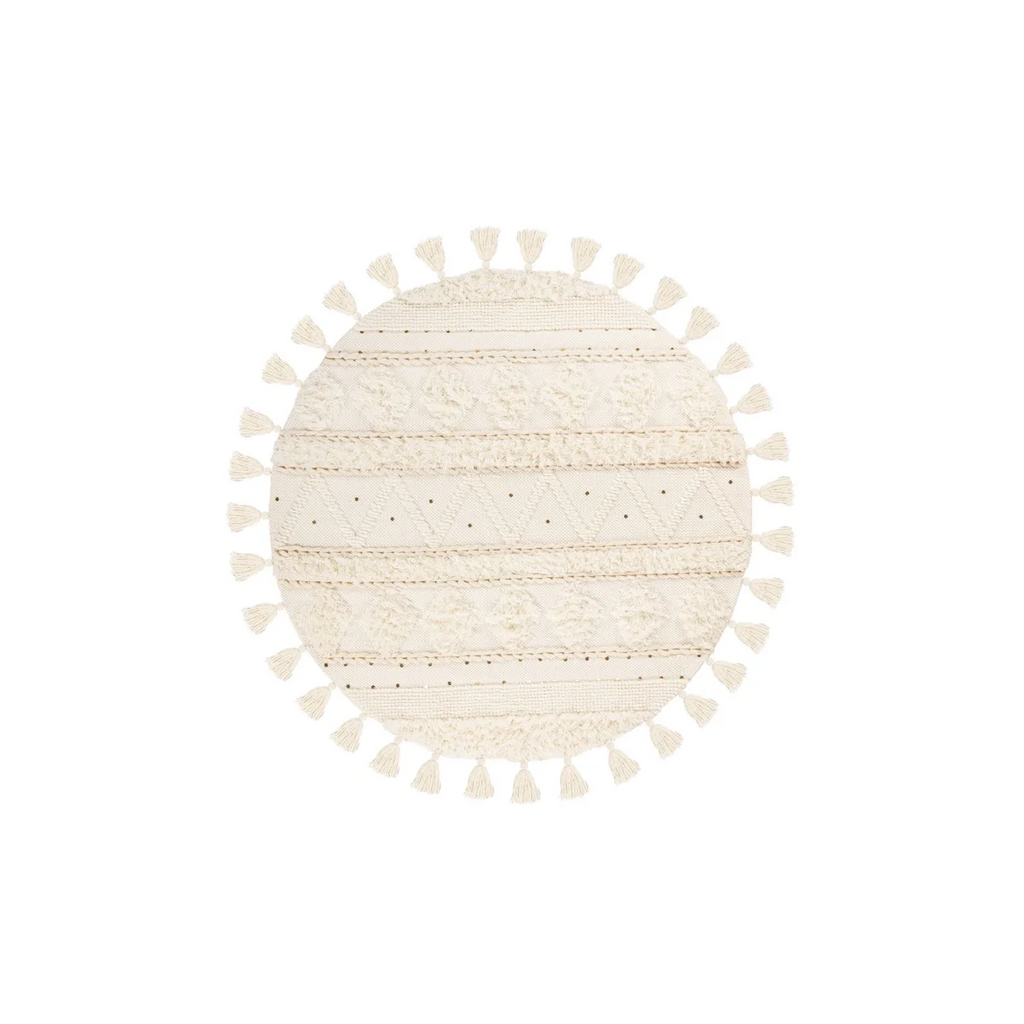 Tapis rond en laine crème avec motifs géométriques, tassels et couture décorative