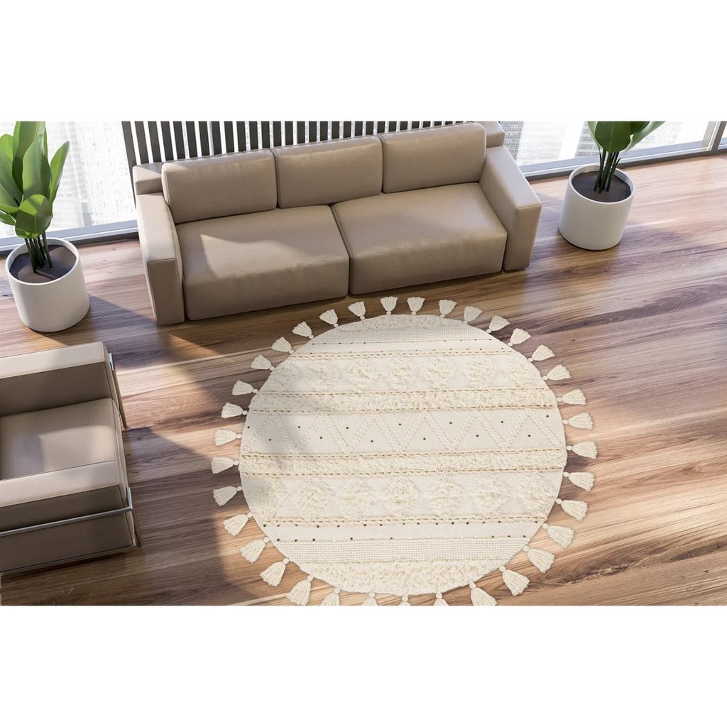 Tapis rond en laine crème à motifs géométriques texturés avec tassels, diamètre 160 cm