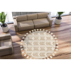 Tapis rond en laine écrue avec motifs losange et pompons, style bohème Ø160 cm