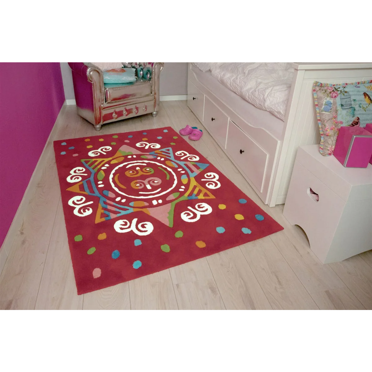 Tapis rectangulaire rouge vif avec motif coloré en forme de soleil pour Spirit Glowy AE 3145 Rot Mandala 110cm x 160cm