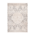 Tapis tufté vintage écru et anthracite avec motif géométrique abstrait et usé