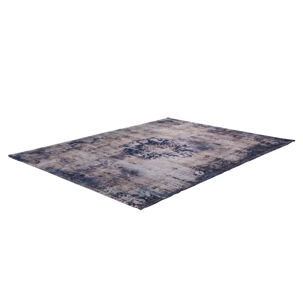 Tapis vintage rectangulaire à médaillon bleu et fond patiné avec motif abstrait distressed