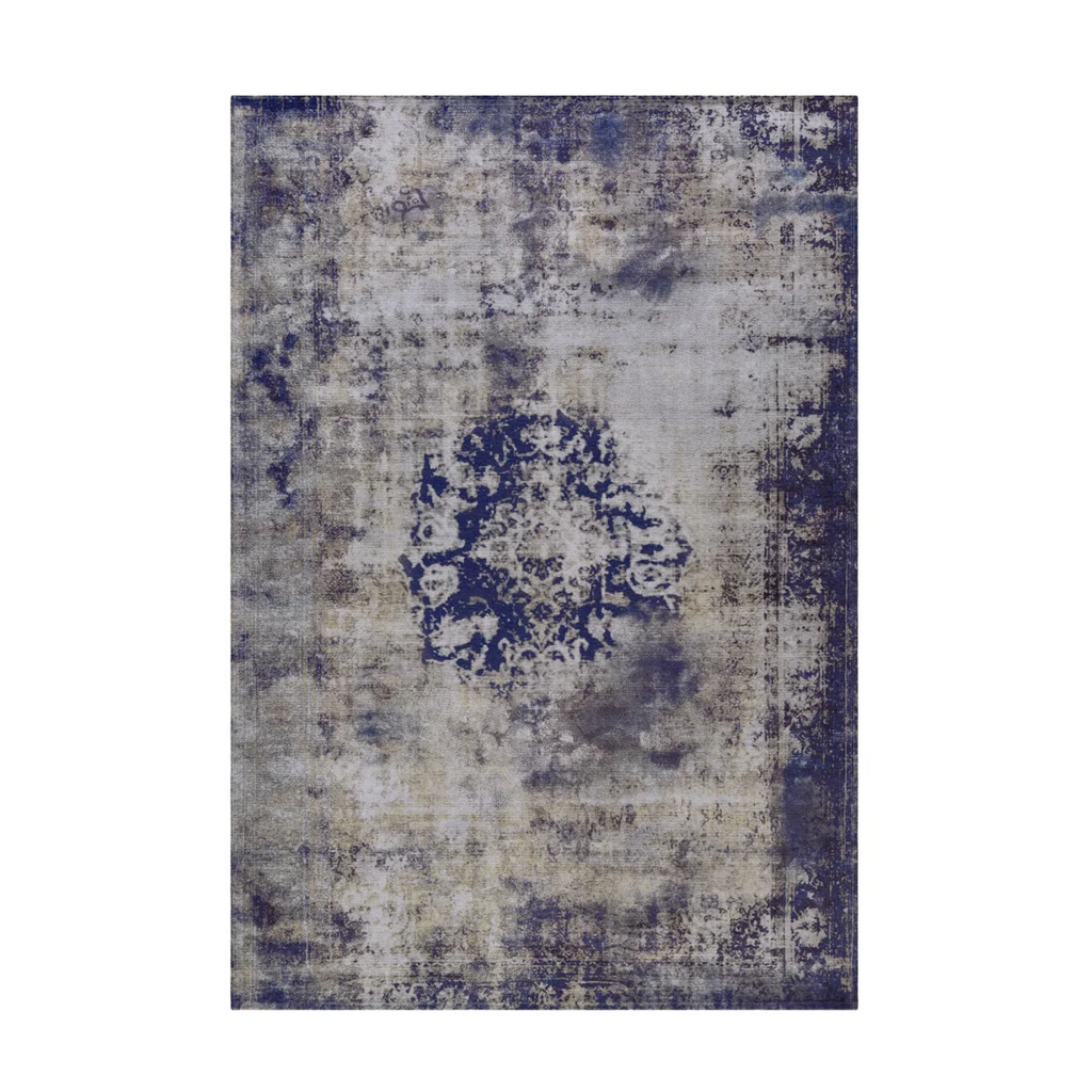 Tapis vintage rectangulaire à médaillon bleu et fond patiné, tapis oriental usé