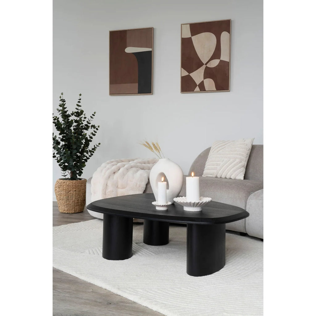 Table basse ovale noire avec pieds cylindriques épais, toile déco 50x70 cm marron et beige